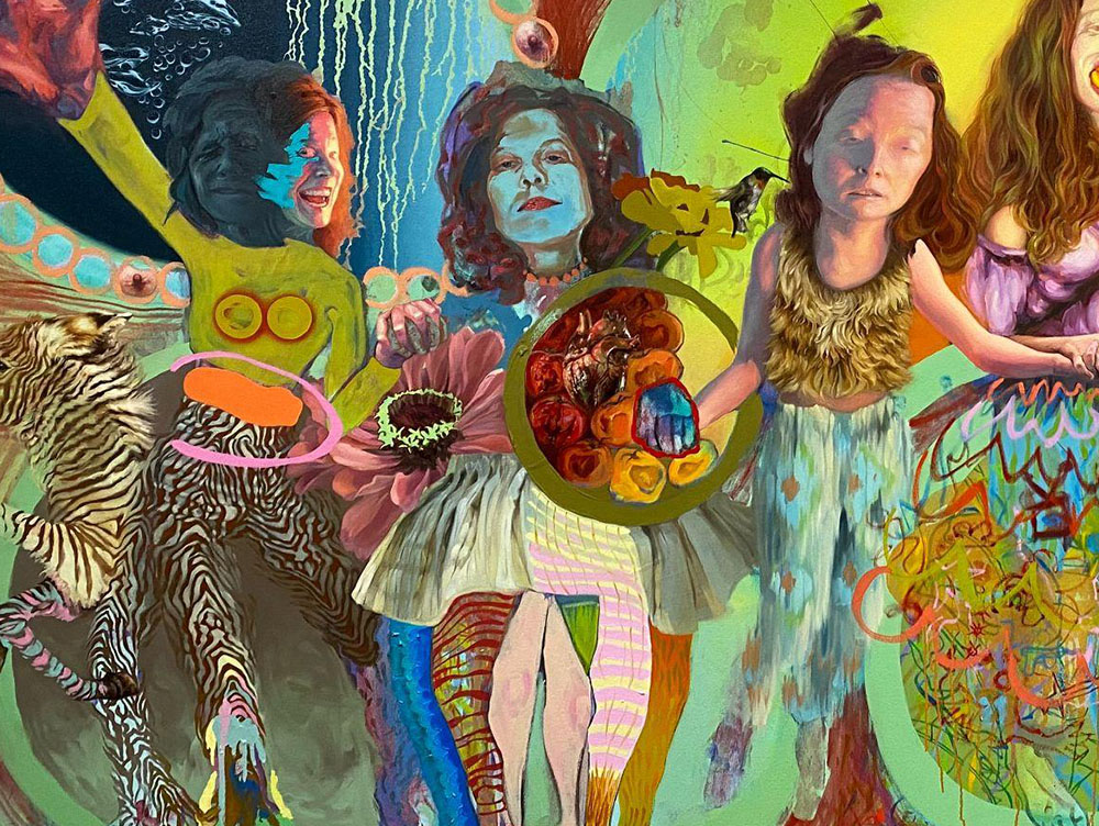 Closeup of painting by Amanda Grae Platner showing several young women holding hands with feverish color and patterns throughout