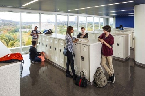 North Atlanta High School Counter- height lockers in the  common areas facilitate student interaction. ©2013 Josh Meister