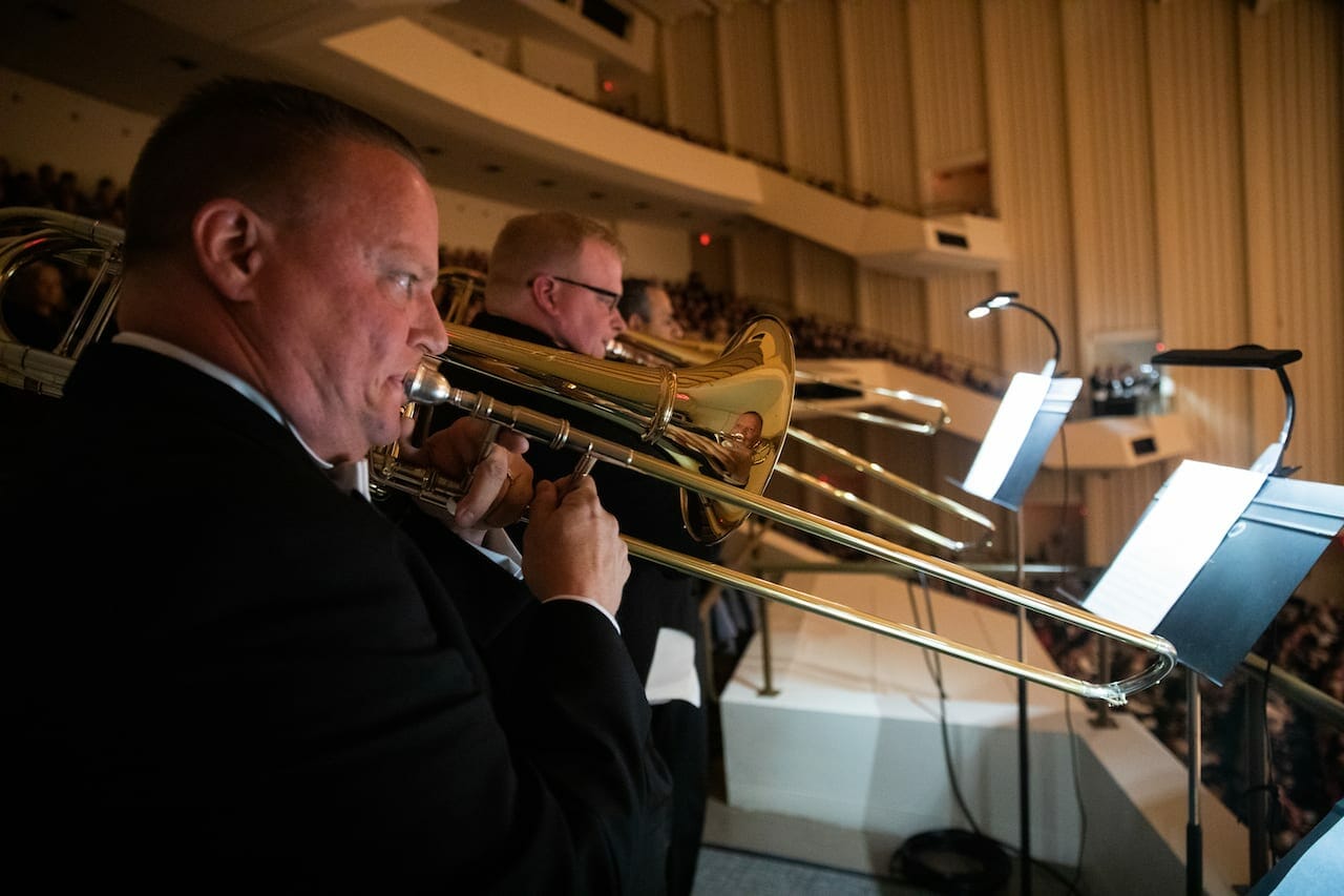 A horn section in the Symphony Hall balcony for Mahler's Eighth.